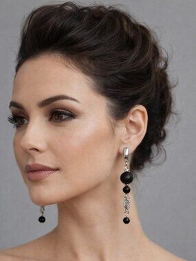 Matte Black Agate and Silver Pierced Earrings